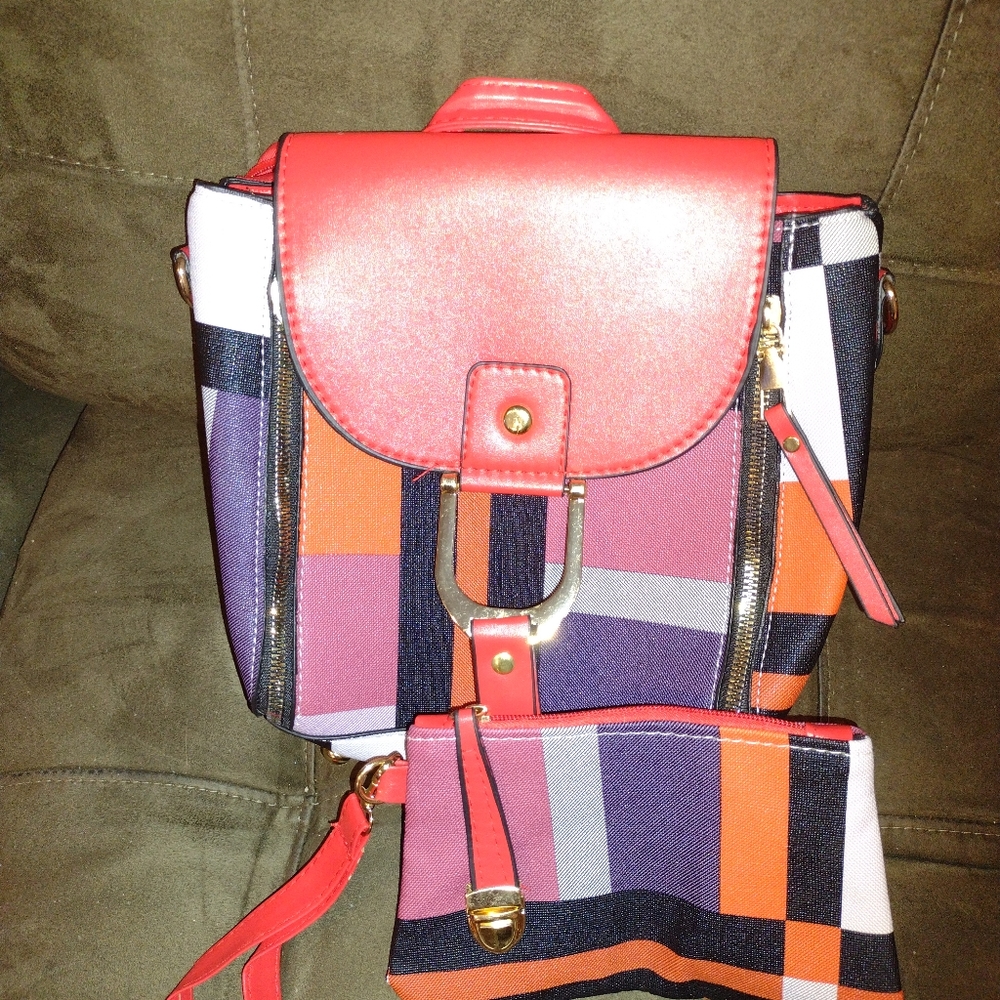 Two Piece Matching Plaid Backpack And Clutch